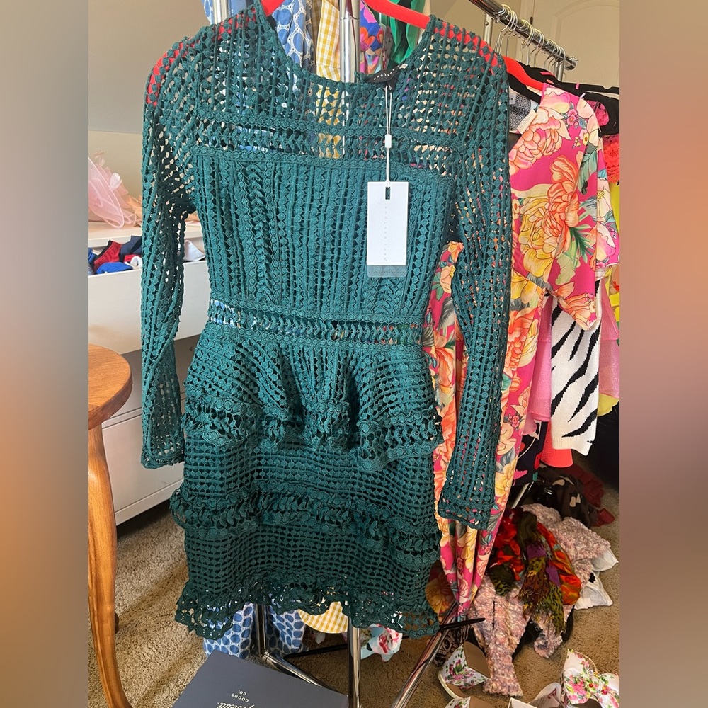 Endless Rose Vici Begin Again Tiered Crochet Dress Women’s Size Xs Forest Green